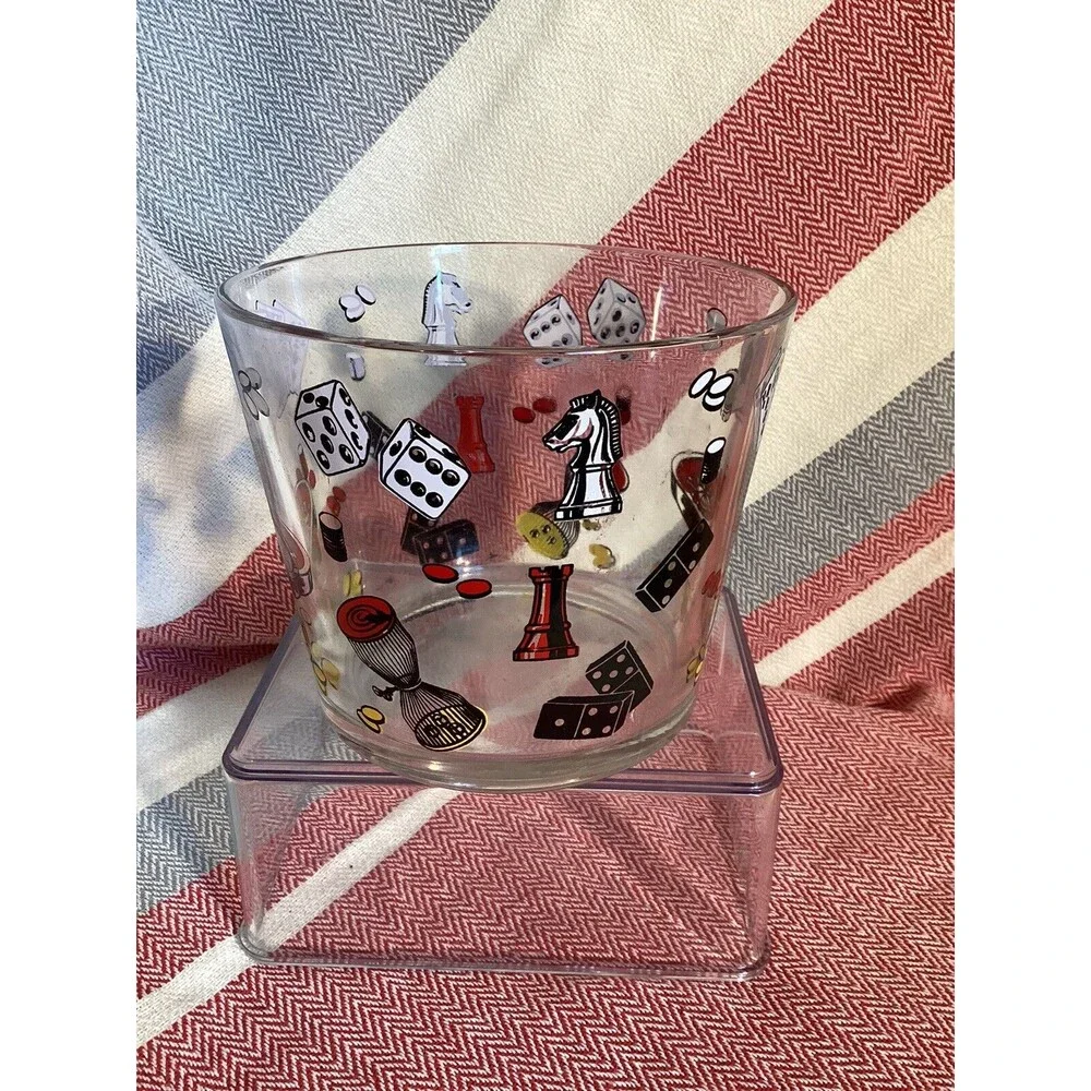 Hazel Atlas Vintage 1960’s Glass Ice Bucket Casino Cards Dice Poker Barware MCM
